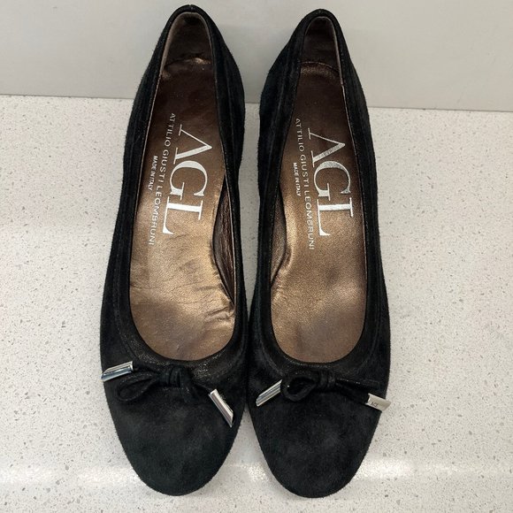 AGL Pump Black Leather Suede Shoes Round Toe Bow Accent Block Heels Sz 36 1/2 - Picture 2 of 14